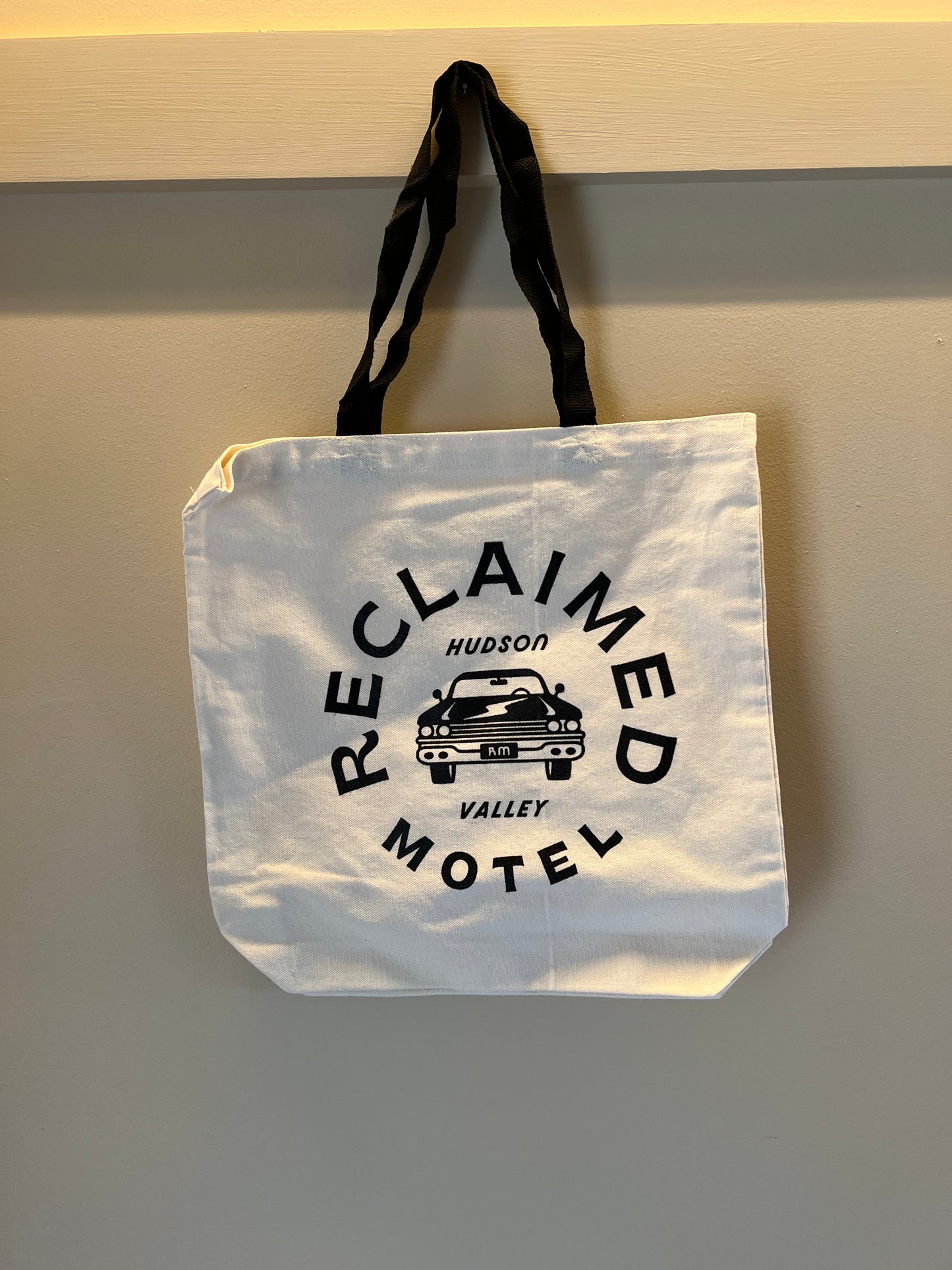 Reclaimed Motel Black on Canvas Tote, Black Handle
